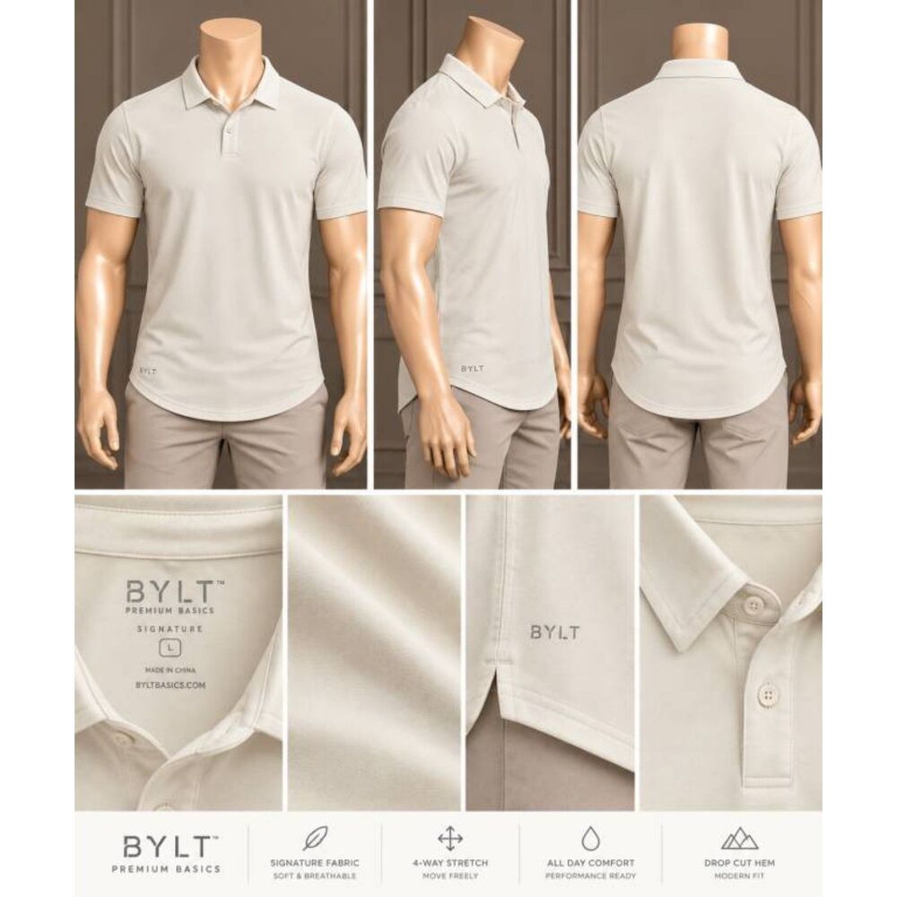BYLT Signature Premium Basics Cream Drop-Cut Polo Shirt Men's Size L